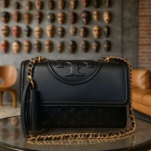 Tory Burch Fleming Black Quilted Leather Convertible Shoulder Bag/Crossbody Bag